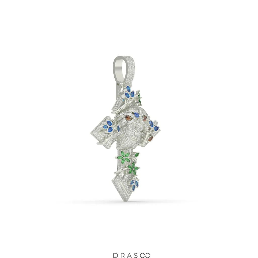 FANCY SHAPE GEMS STONE AND ROUND DIAMOND ICED OUT JESUS HIP HOP PENDANT