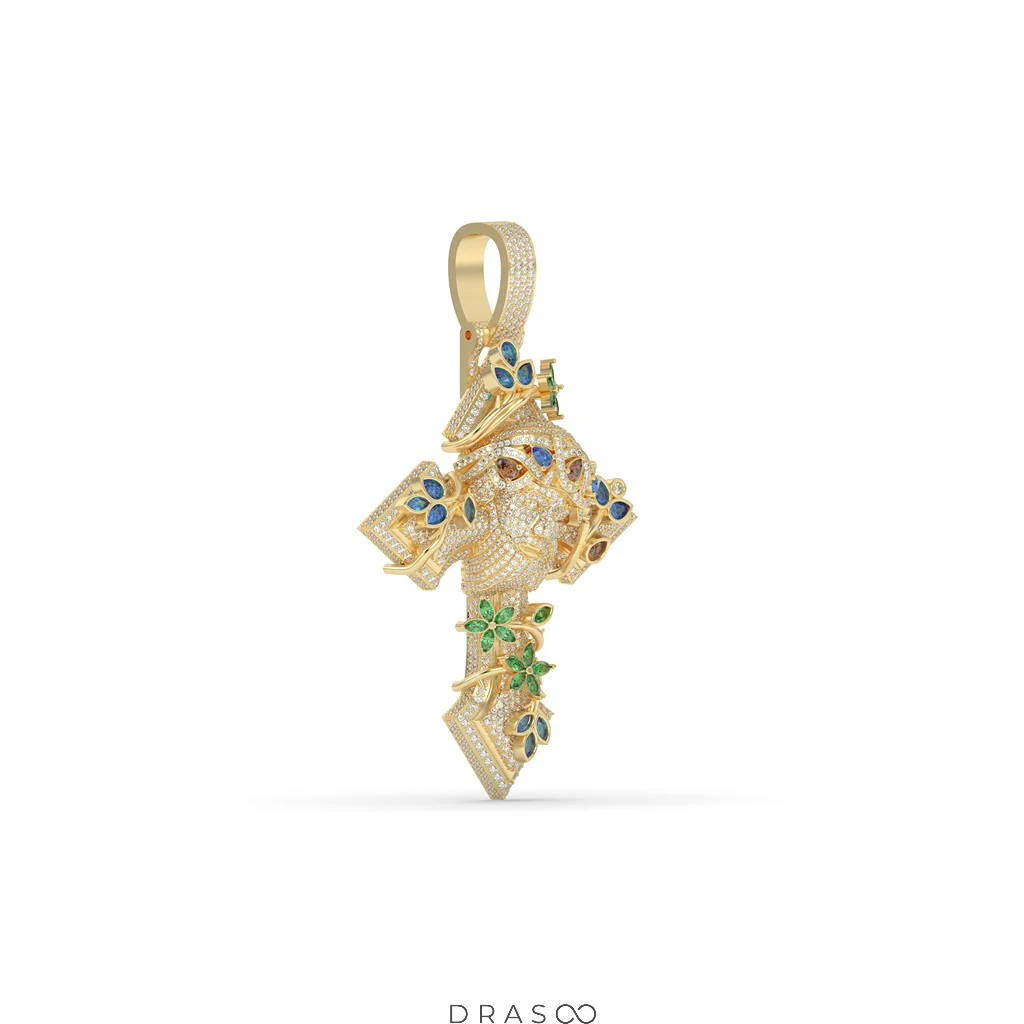 FANCY SHAPE GEMS STONE AND ROUND DIAMOND ICED OUT JESUS HIP HOP PENDANT