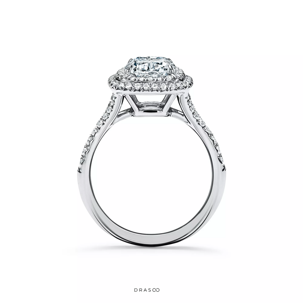 Cushion-Cut Double Halo Engagement Ring with a Diamond Platinum Band