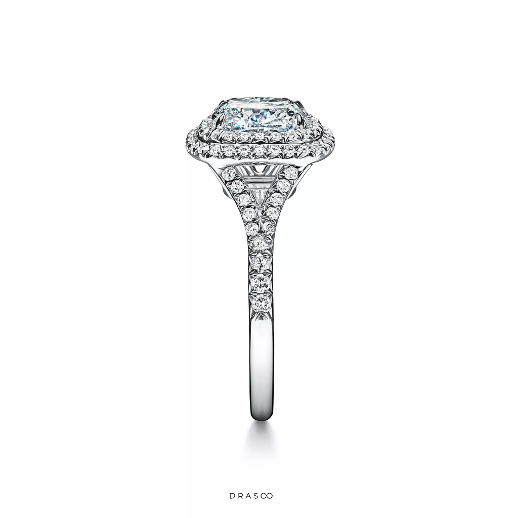 Cushion-Cut Double Halo Engagement Ring with a Diamond Platinum Band