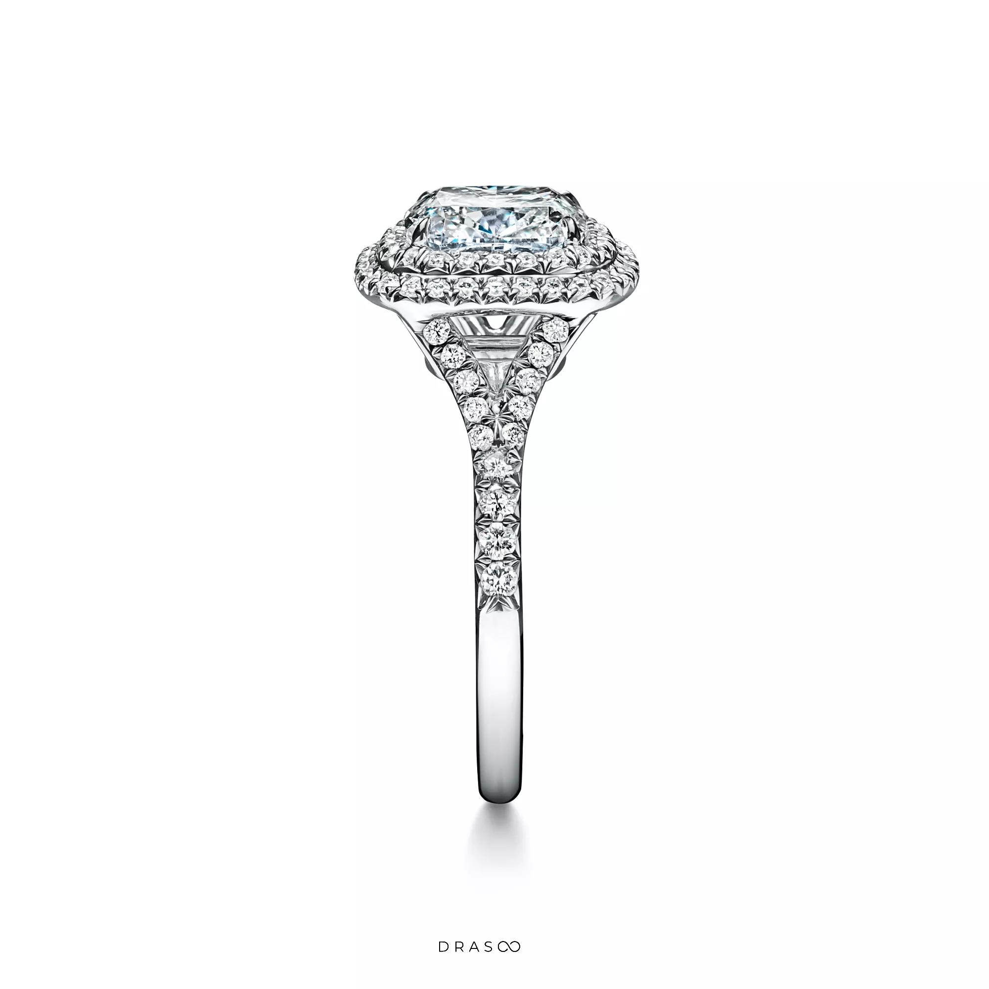 Cushion-Cut Double Halo Engagement Ring with a Diamond Platinum Band