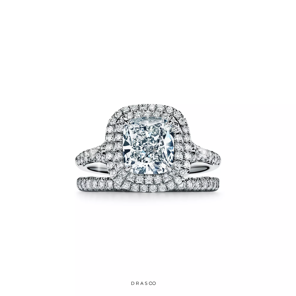 Cushion-Cut Double Halo Engagement Ring with a Diamond Platinum Band