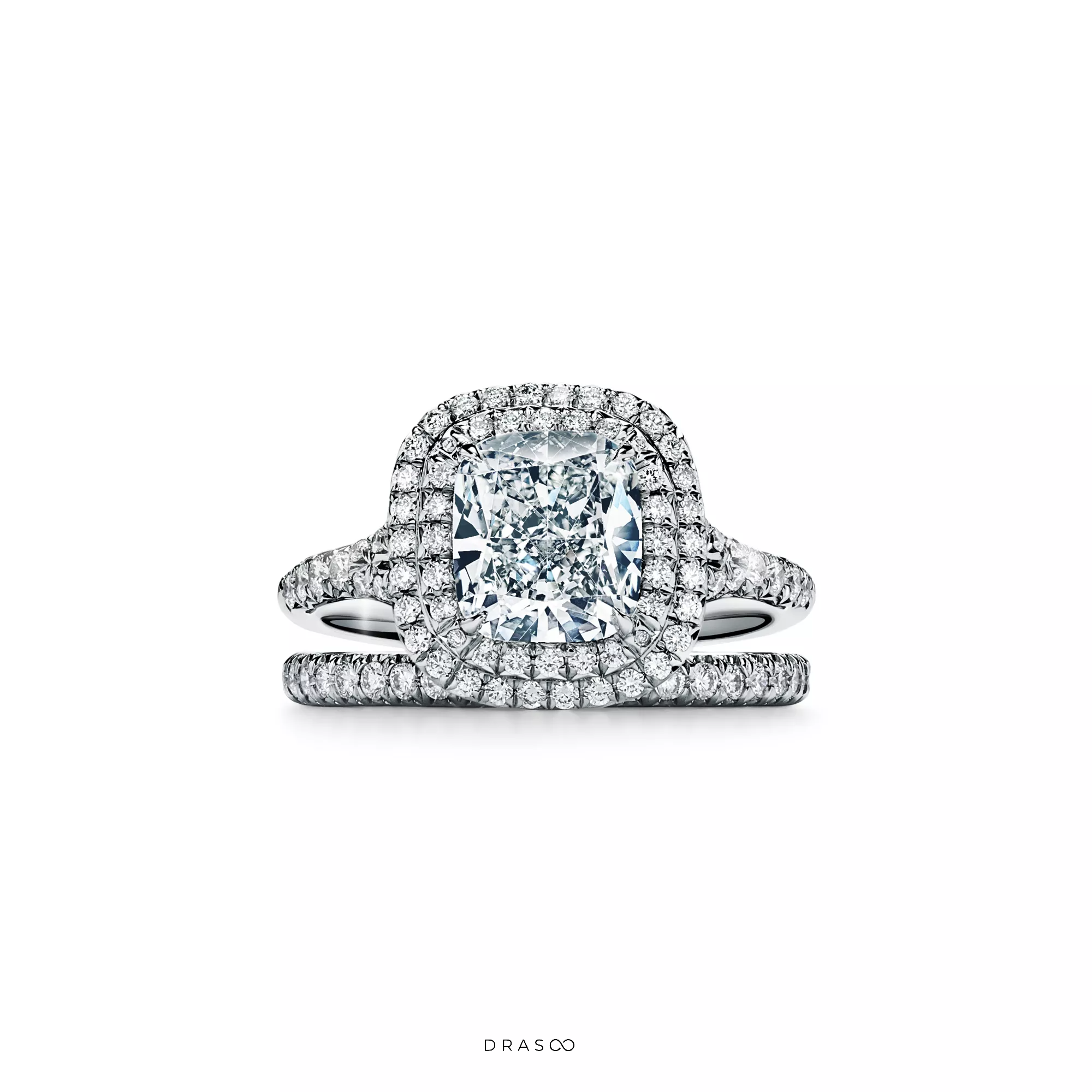Cushion-Cut Double Halo Engagement Ring with a Diamond Platinum Band