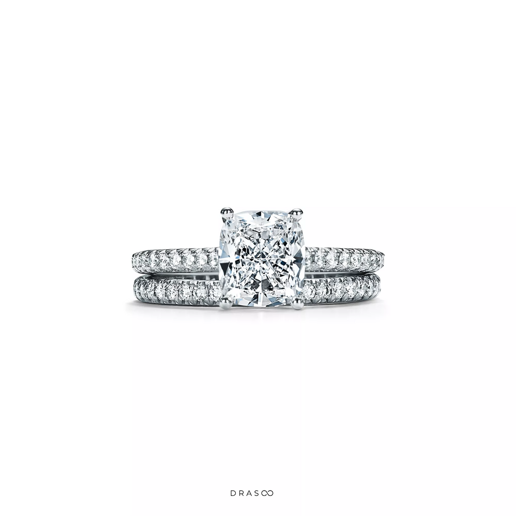 Cushion-Cut Engagement Ring with a Pavé Diamond Platinum Band