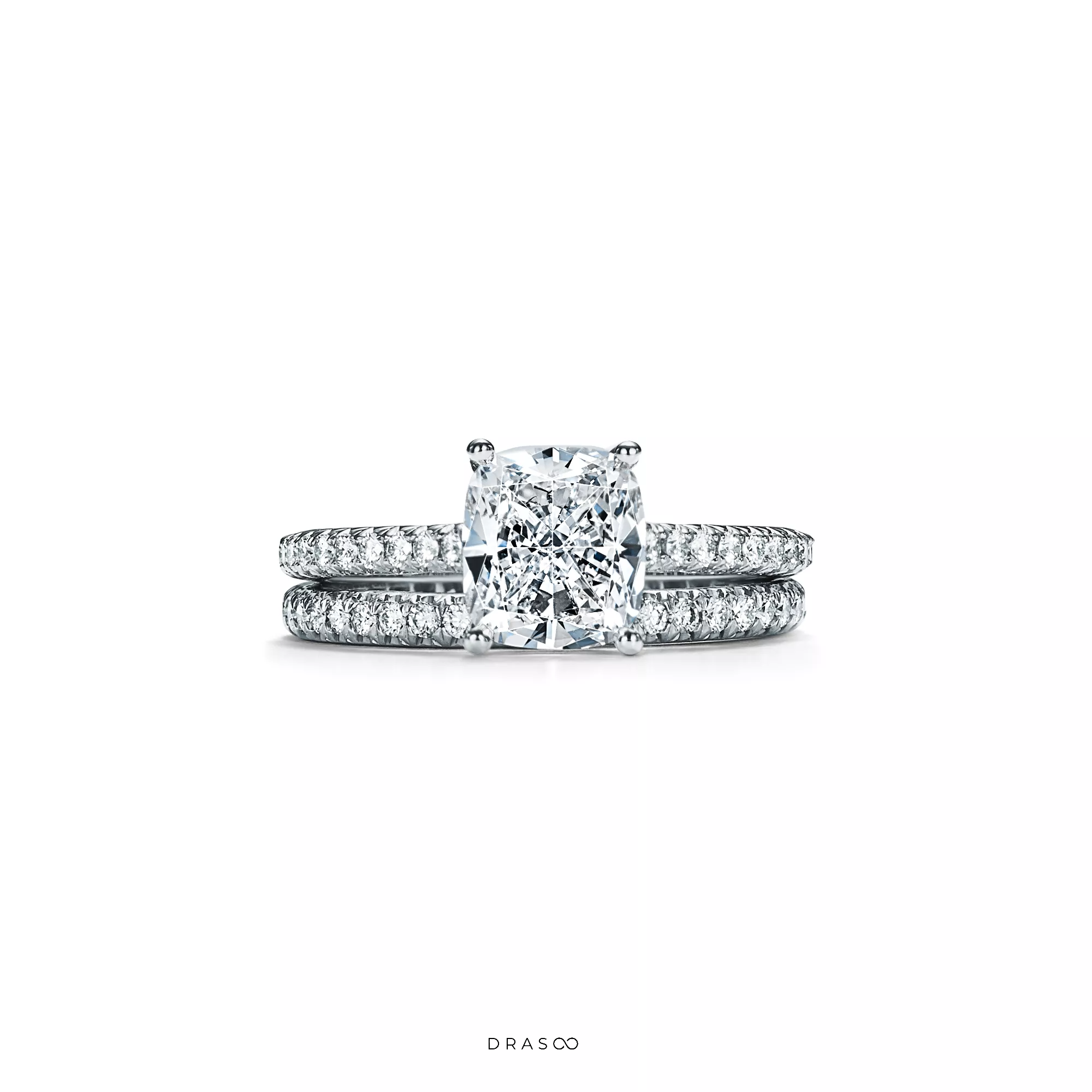 Cushion-Cut Engagement Ring with a Pavé Diamond Platinum Band