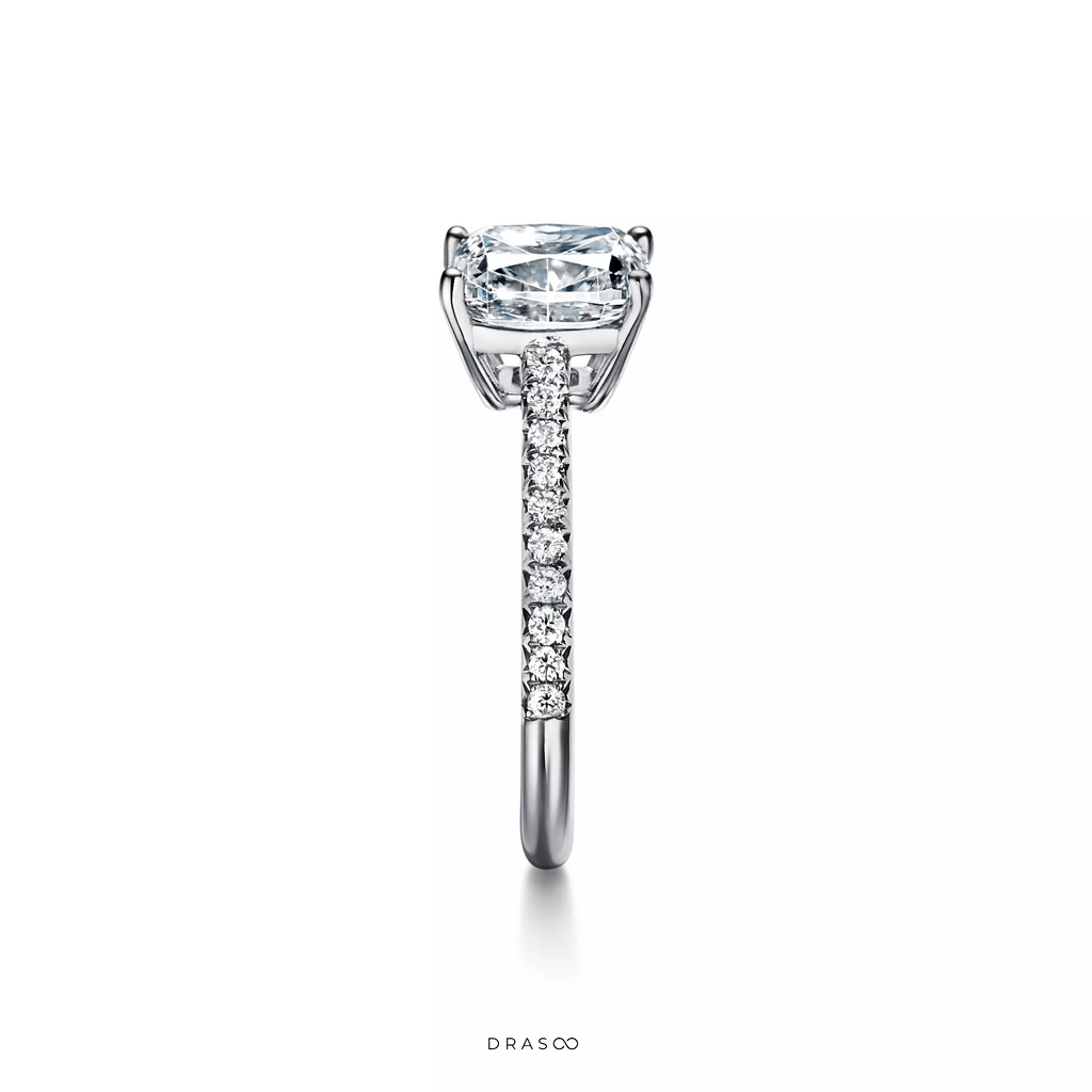 Cushion-Cut Engagement Ring with a Pavé Diamond Platinum Band