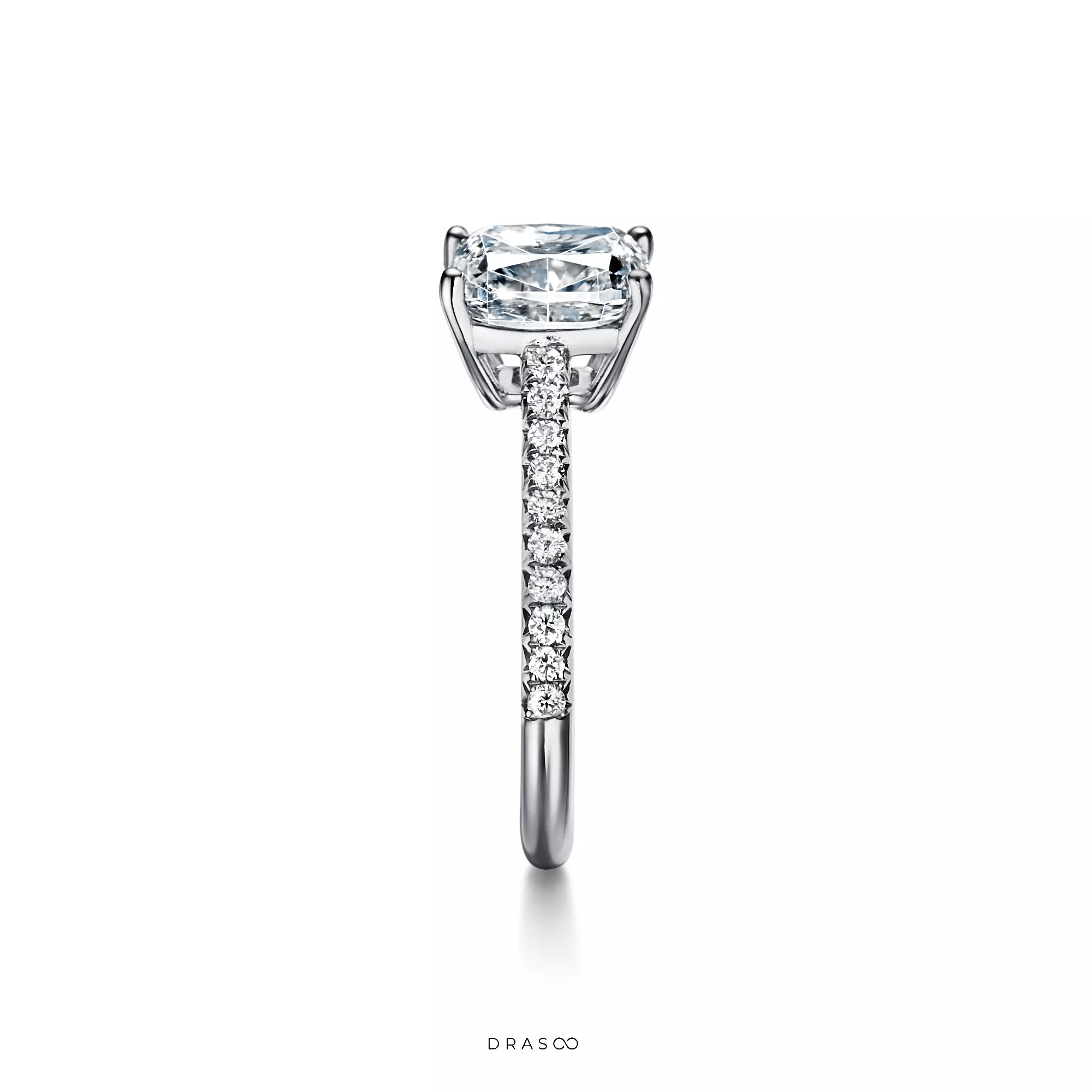 Cushion-Cut Engagement Ring with a Pavé Diamond Platinum Band