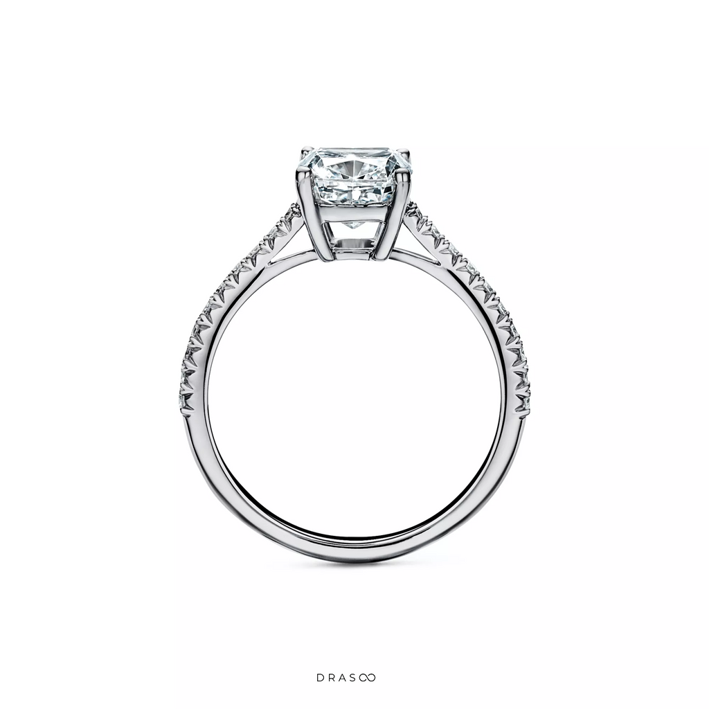 Cushion-Cut Engagement Ring with a Pavé Diamond Platinum Band