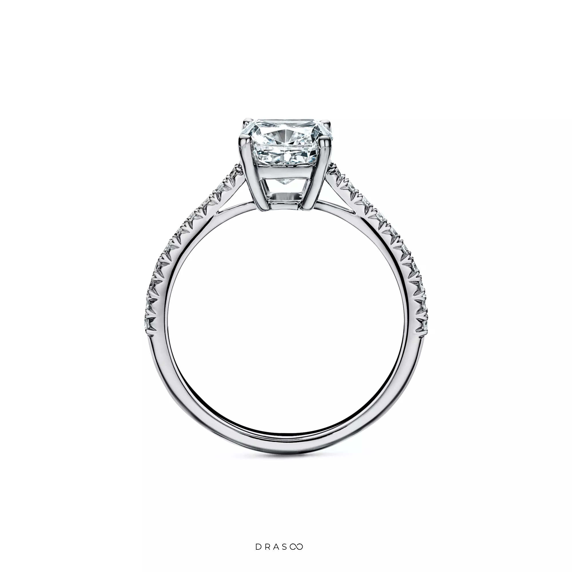 Cushion-Cut Engagement Ring with a Pavé Diamond Platinum Band