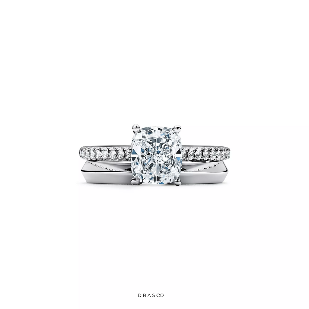 Cushion-Cut Engagement Ring with a Pavé Diamond Platinum Band