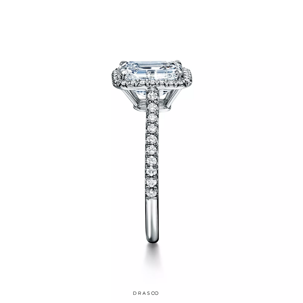 Emerald-Cut Halo Engagement Ring with a Diamond Platinum Band