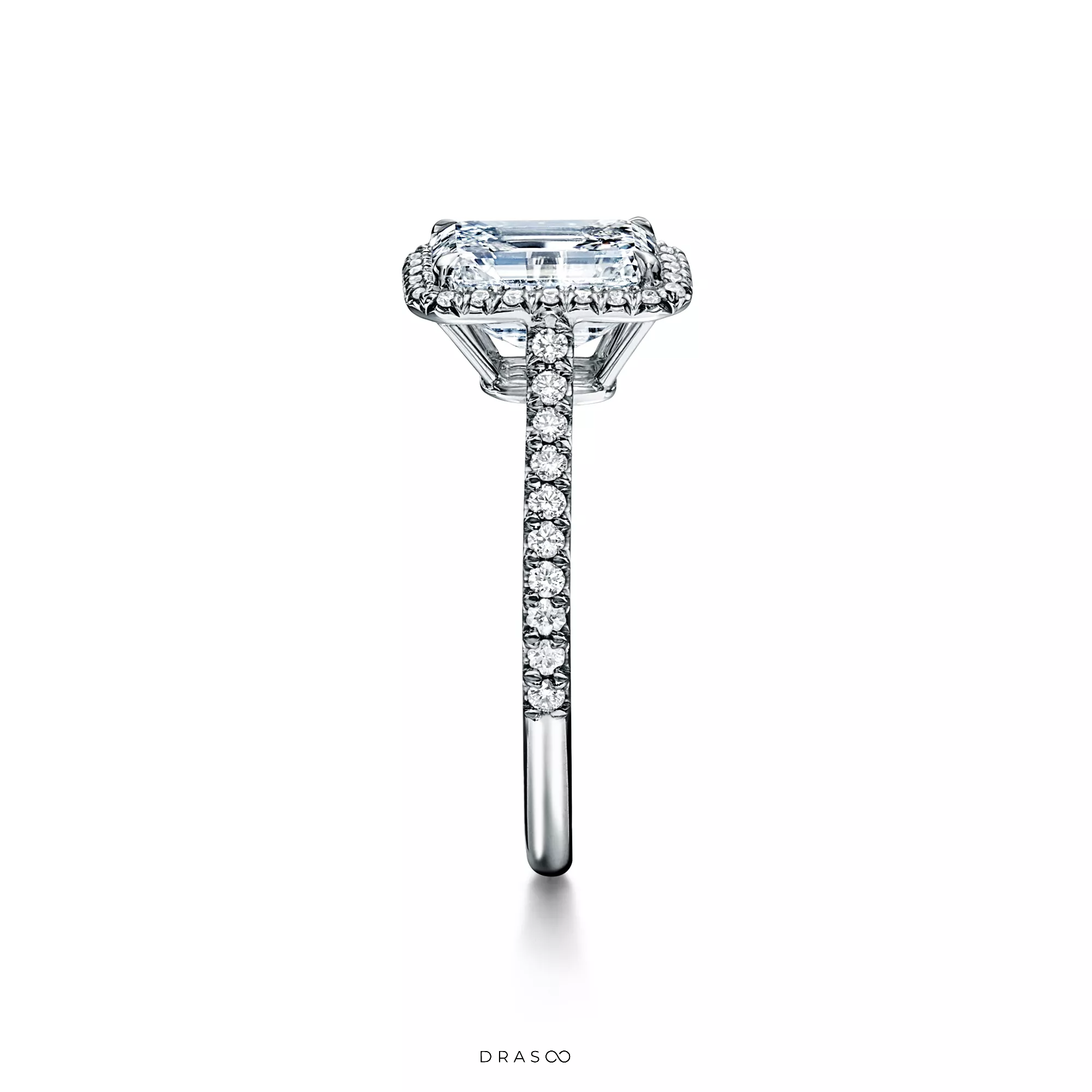 Emerald-Cut Halo Engagement Ring with a Diamond Platinum Band