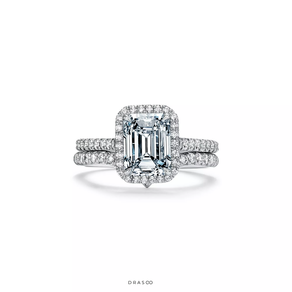 Emerald-Cut Halo Engagement Ring with a Diamond Platinum Band