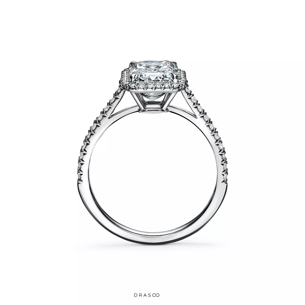 Emerald-Cut Halo Engagement Ring with a Diamond Platinum Band