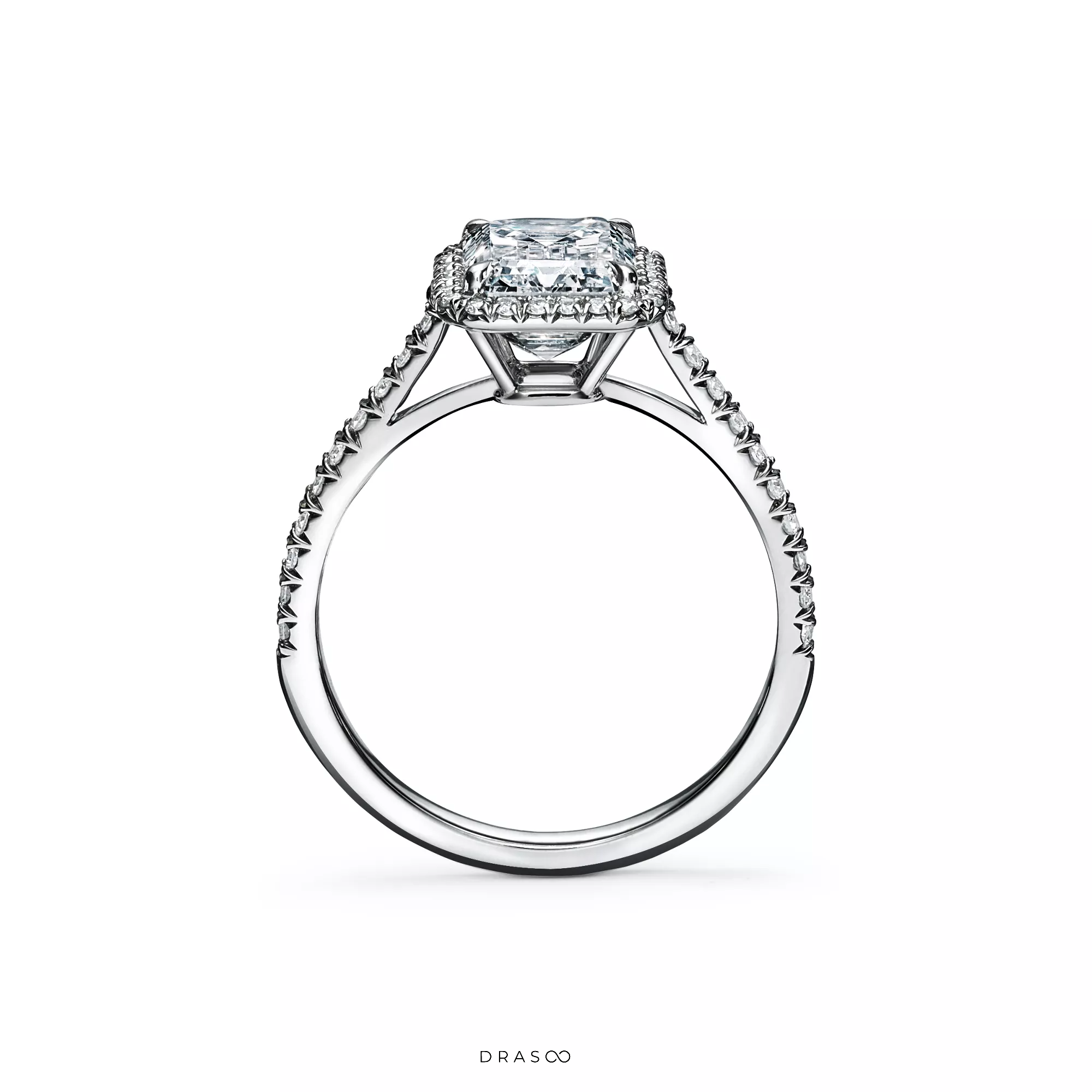 Emerald-Cut Halo Engagement Ring with a Diamond Platinum Band