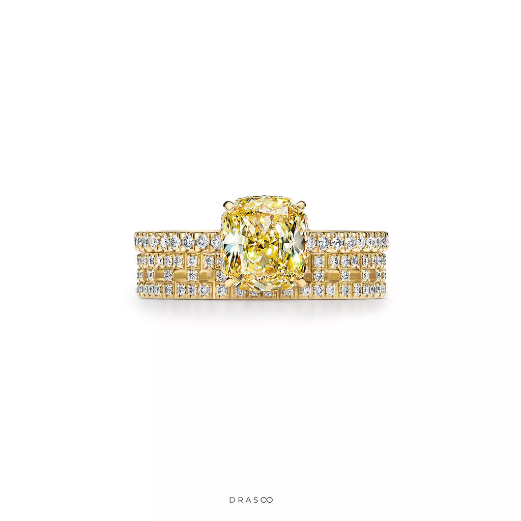 Engagement Ring with a Cushion-Cut Yellow Diamond and an 18K Yellow Gold Diamond Band