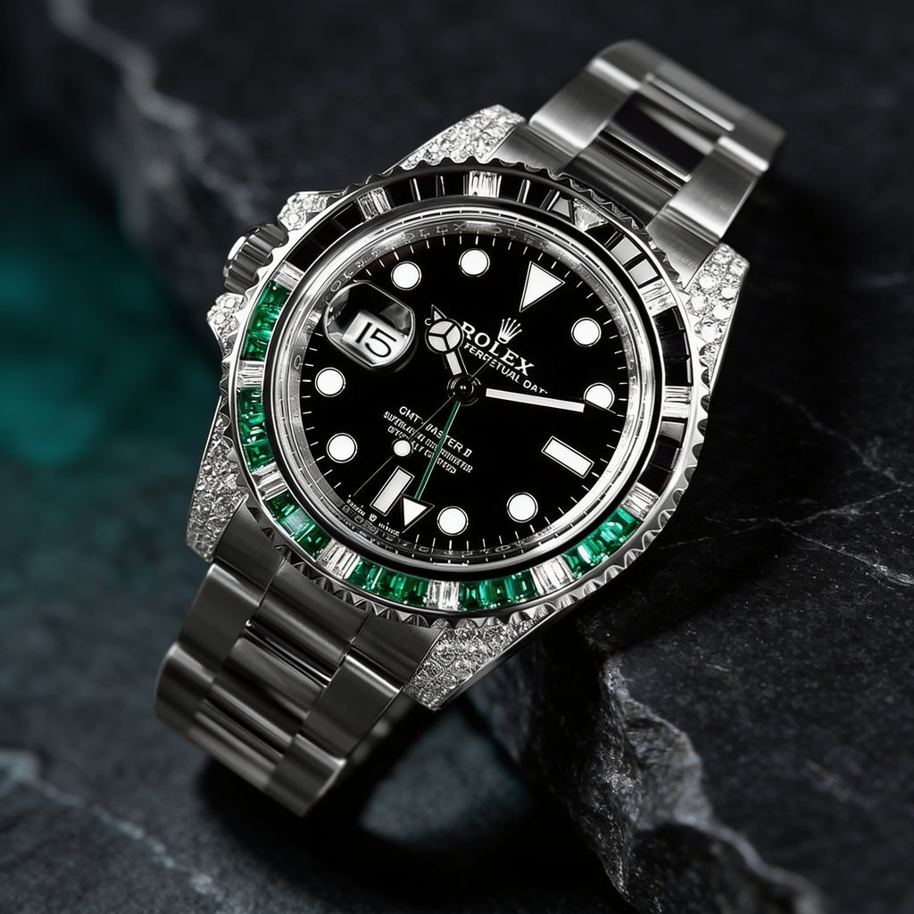 Rolex GMT-Master II 40 mm – Oystersteel – "Sprite" Custom Diamond-Set with Green/Black Gemstone Bezel