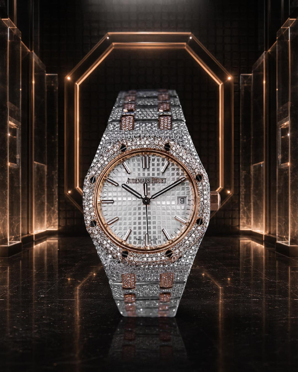 Audemars Piguet – Royal Oak 34 mm – Stainless Steel & Rose Gold – Silver "Grande Tapisserie" Dial – Custom Diamond-Set