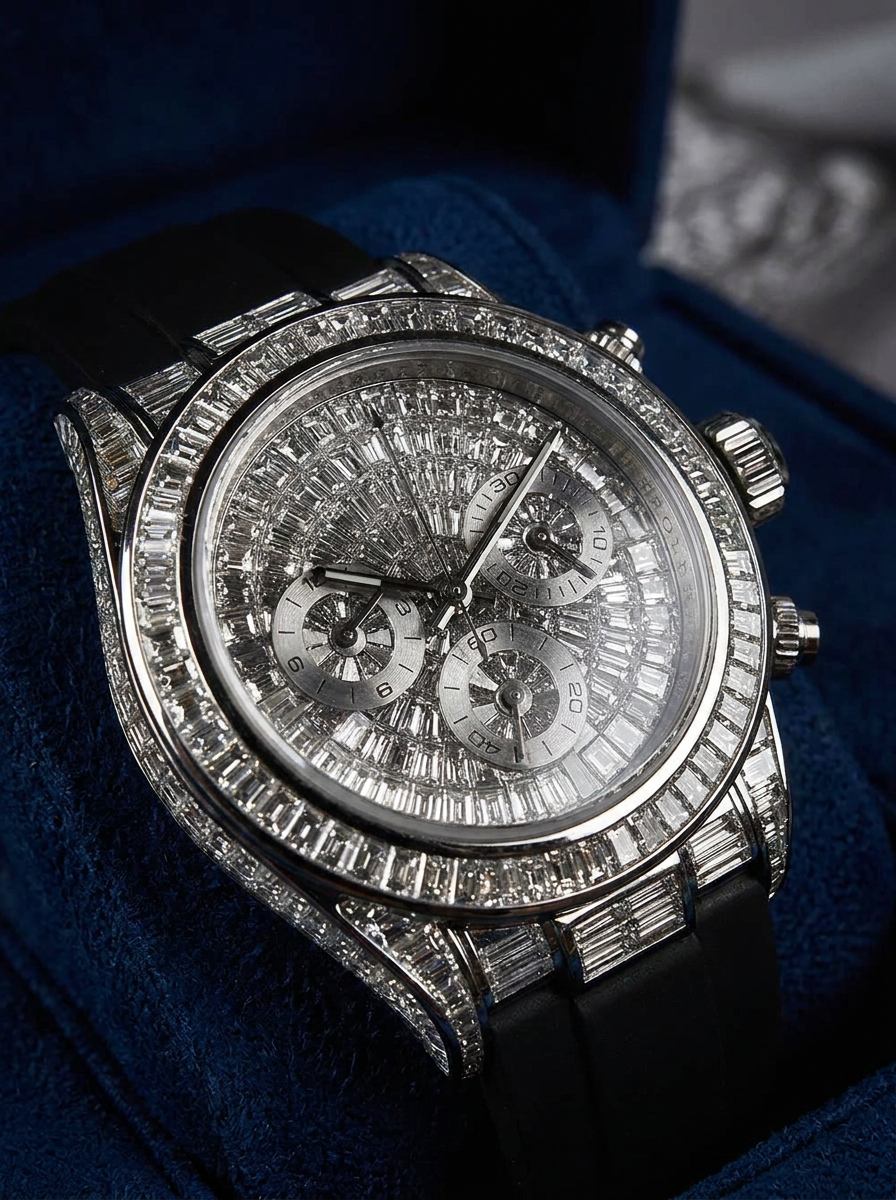 Rolex Daytona 40 mm – Full Custom – 18k White Gold set with VVS/VS Baguette Diamonds