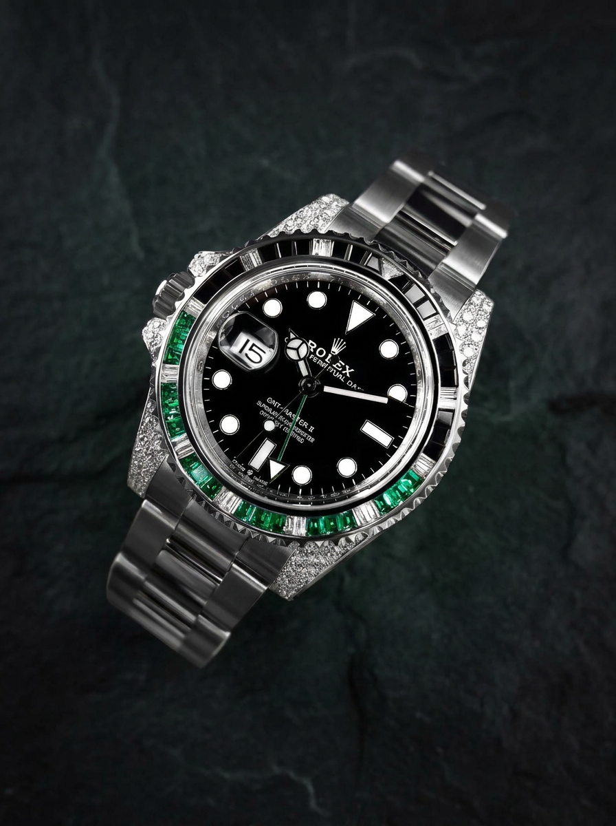 Rolex GMT-Master II 40 mm – Oystersteel – "Sprite" Custom Diamond-Set with Green/Black Gemstone Bezel