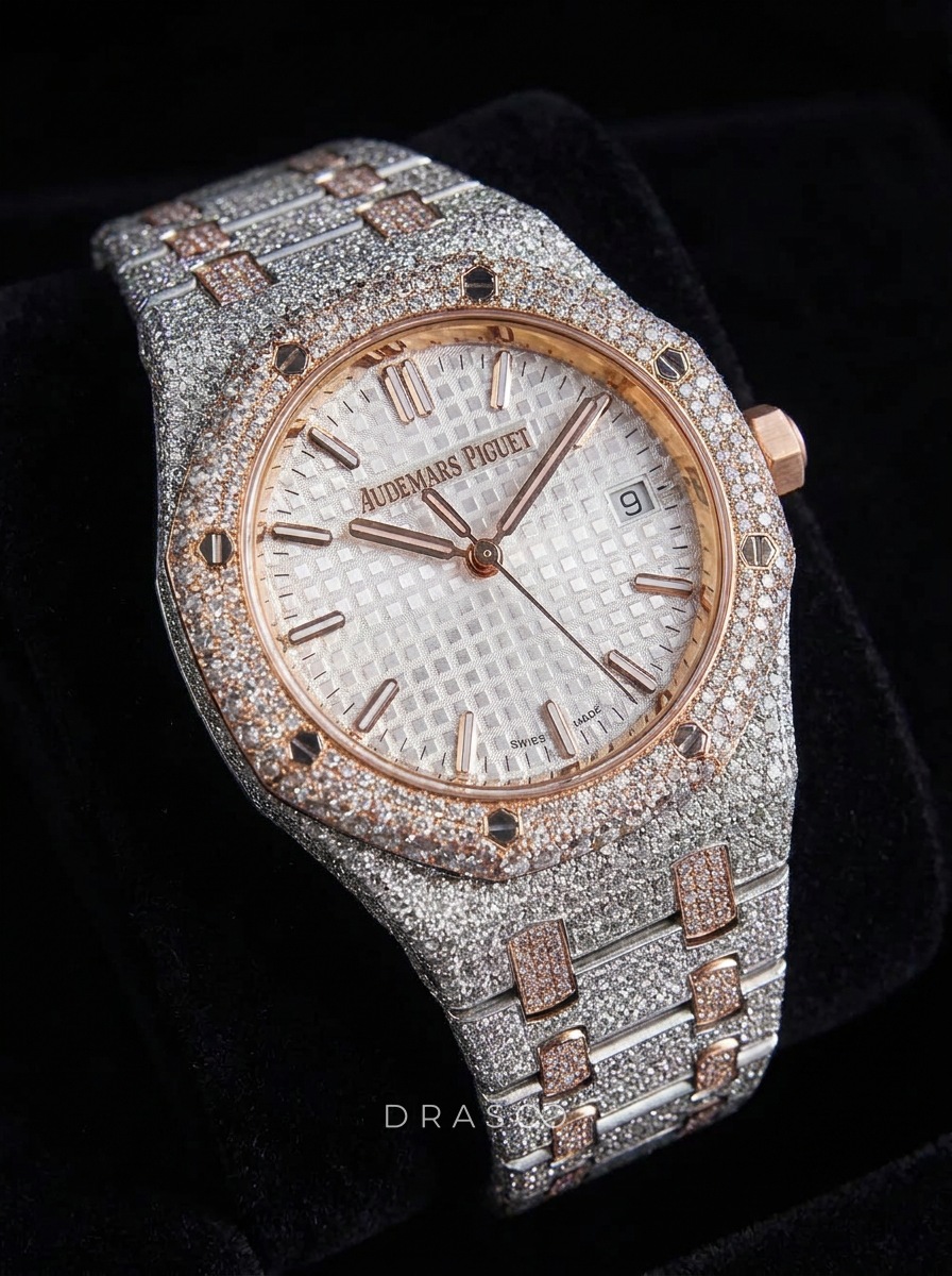 Audemars Piguet – Royal Oak 34 mm – Stainless Steel & Rose Gold – Silver "Grande Tapisserie" Dial – Custom Diamond-Set