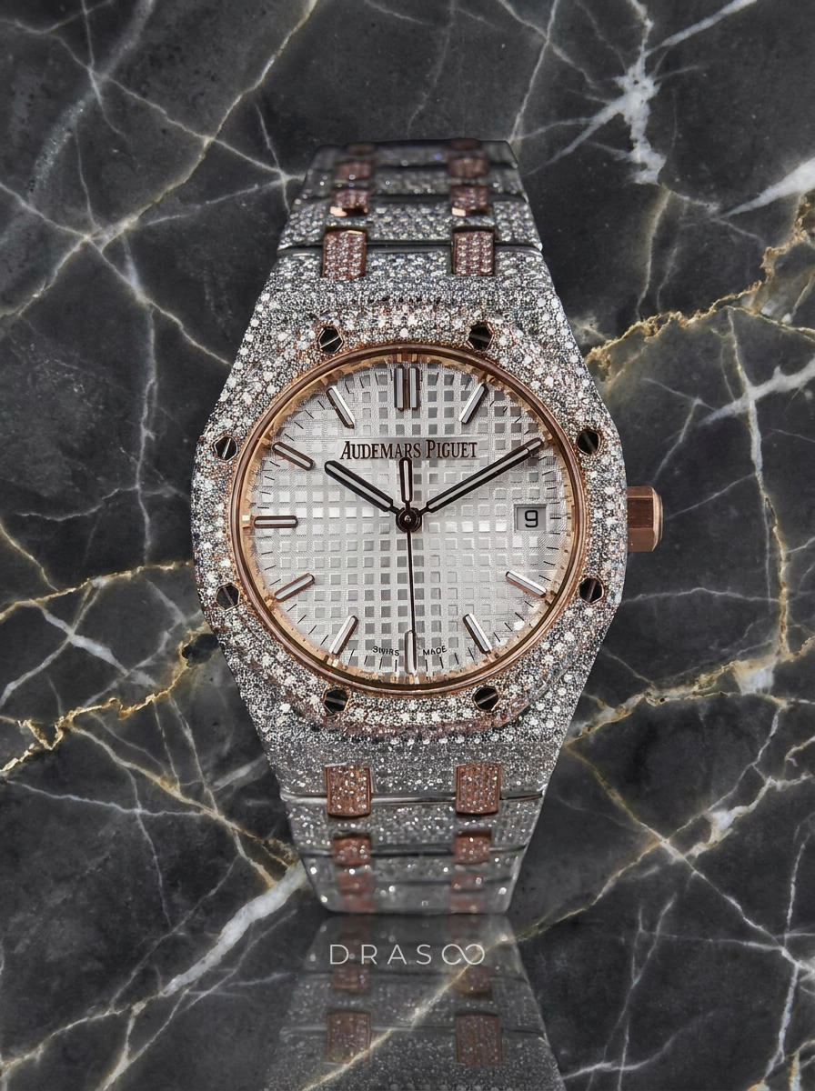 Audemars Piguet – Royal Oak 34 mm – Stainless Steel & Rose Gold – Silver "Grande Tapisserie" Dial – Custom Diamond-Set