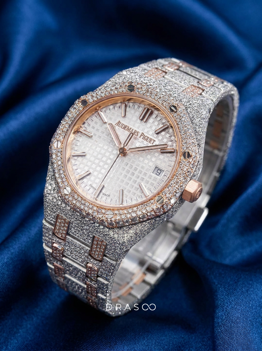 Audemars Piguet – Royal Oak 34 mm – Stainless Steel & Rose Gold – Silver "Grande Tapisserie" Dial – Custom Diamond-Set
