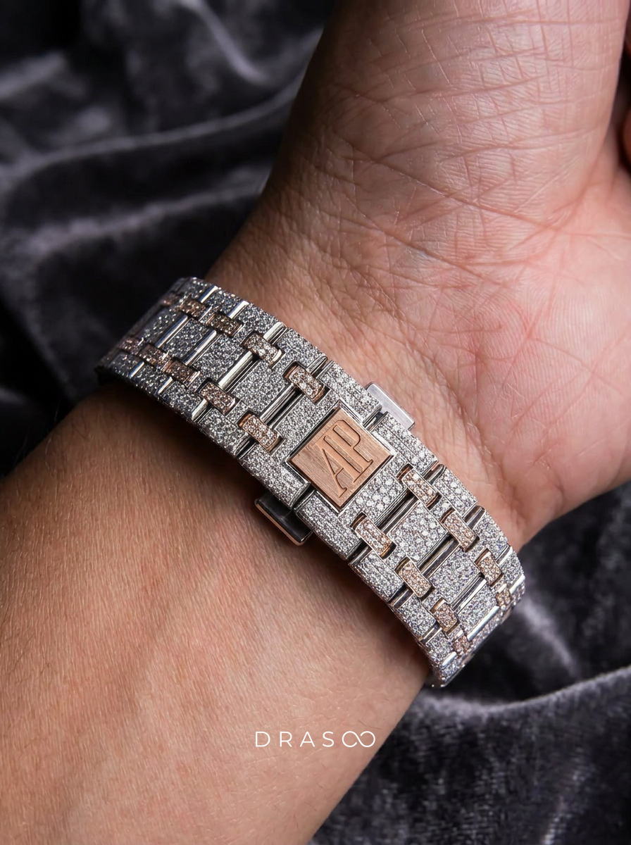 Audemars Piguet – Royal Oak 34 mm – Stainless Steel & Rose Gold – Silver "Grande Tapisserie" Dial – Custom Diamond-Set