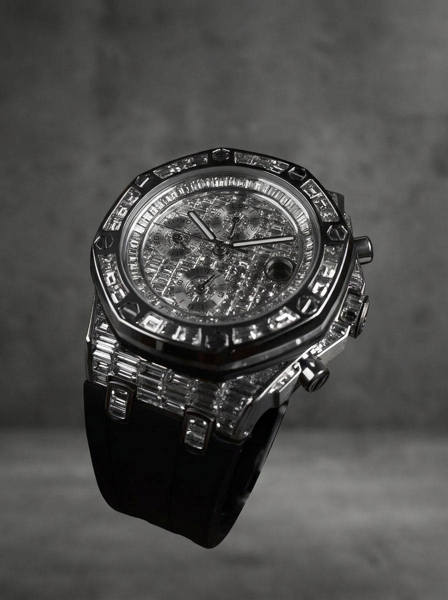 Audemars Piguet – Royal Oak Offshore 42 mm – Full Custom 18k White Gold set with VVS/VS Baguette Diamonds – Black Rubber Strap