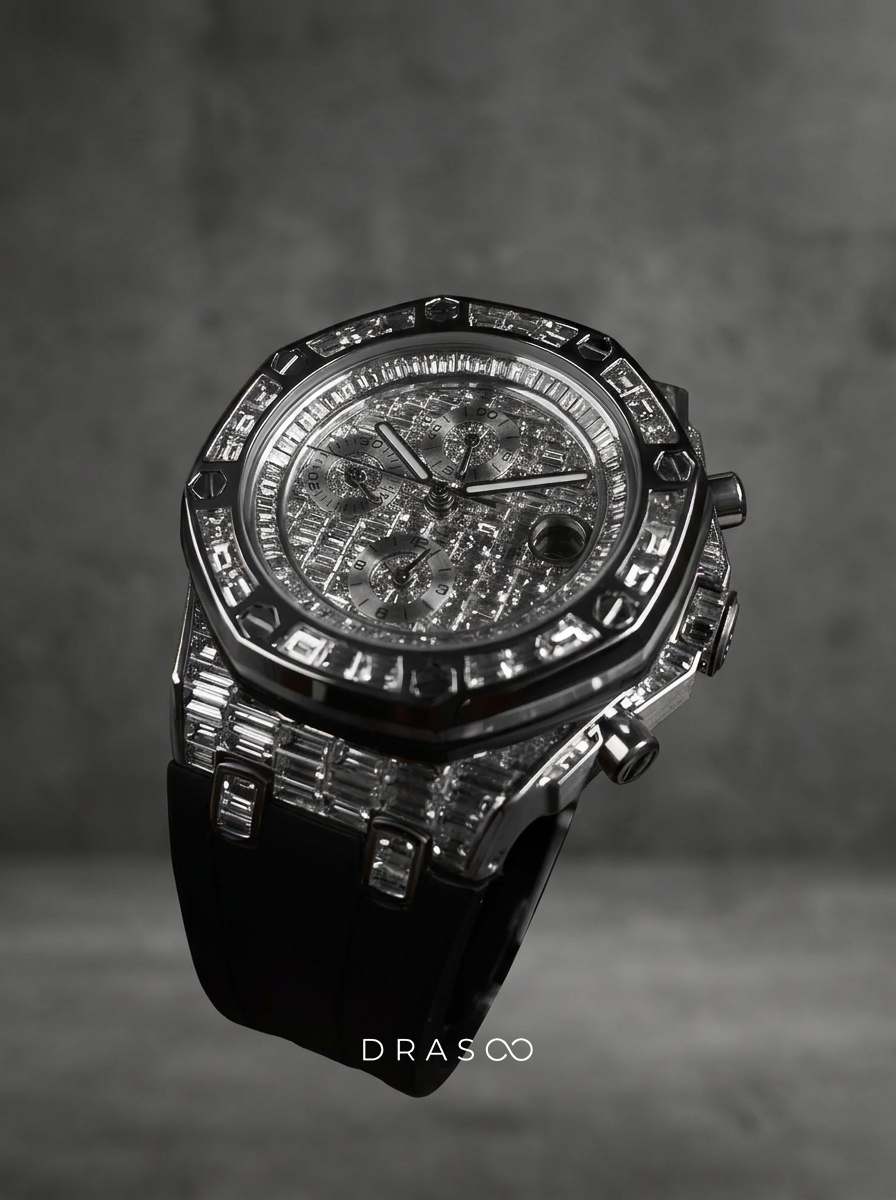 Audemars Piguet – Royal Oak Offshore 42 mm – Full Custom 18k White Gold set with VVS/VS Baguette Diamonds – Black Rubber Strap