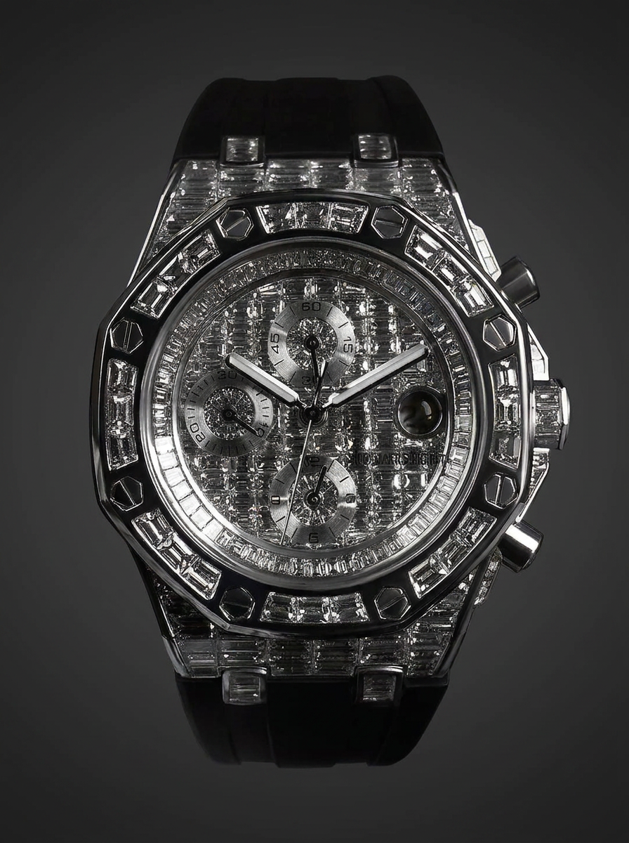Audemars Piguet – Royal Oak Offshore 42 mm – Full Custom 18k White Gold set with VVS/VS Baguette Diamonds – Black Rubber Strap