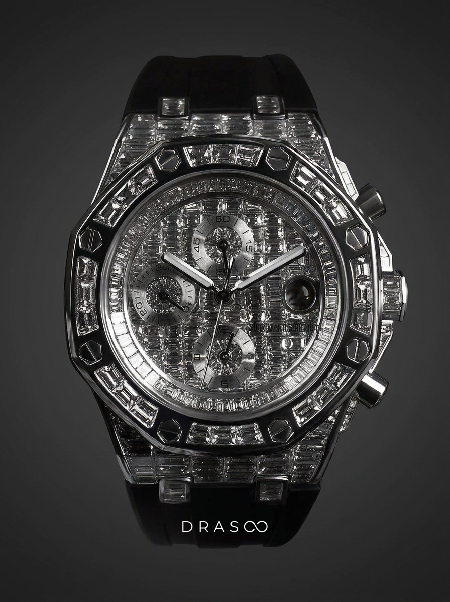 Audemars Piguet – Royal Oak Offshore 42 mm – Full Custom 18k White Gold set with VVS/VS Baguette Diamonds – Black Rubber Strap