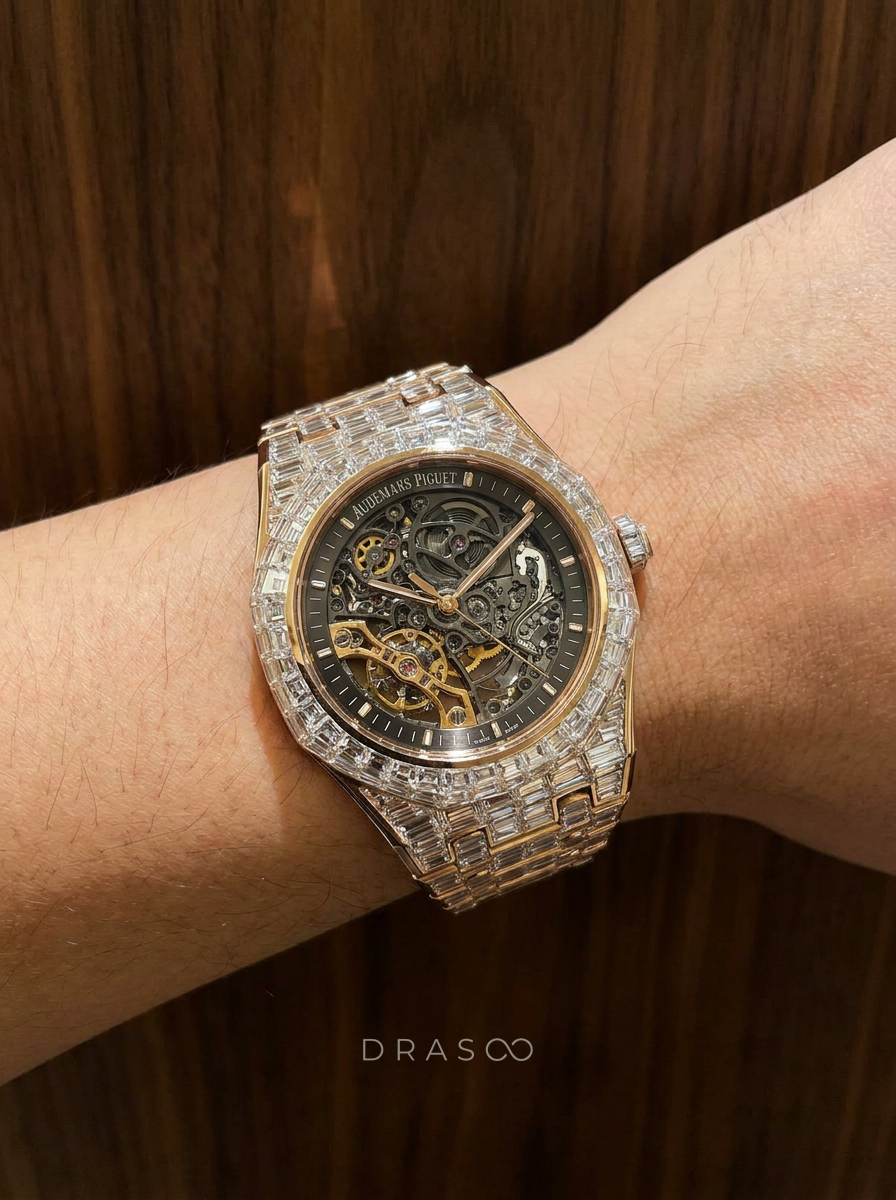 Audemars Piguet – Royal Oak Skeleton 41mm – Full Custom 18k Rose Gold set with VVS/VS Baguette Diamonds