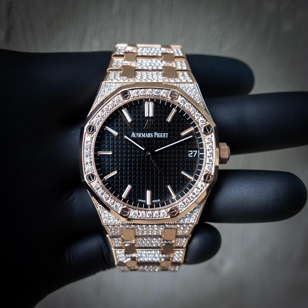 AUDEMARS PIGUET 15500 – ROYAL OAK 41 – 18CT PINK GOLD – CUSTOM DIAMOND SET