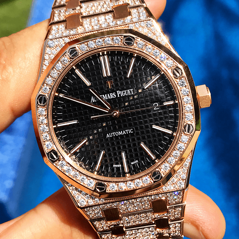 AUDEMARS PIGUET – ROYAL OAK 41 – 18CT PINK GOLD – CUSTOM DIAMOND SET