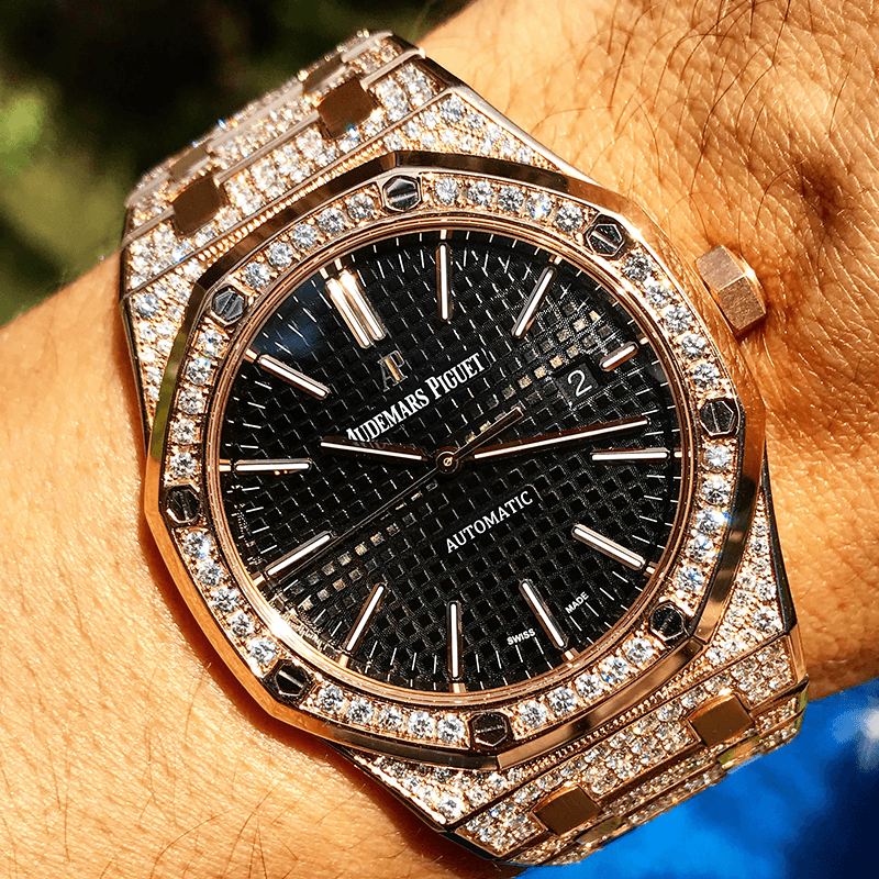 AUDEMARS PIGUET – ROYAL OAK 41 – 18CT PINK GOLD – CUSTOM DIAMOND SET