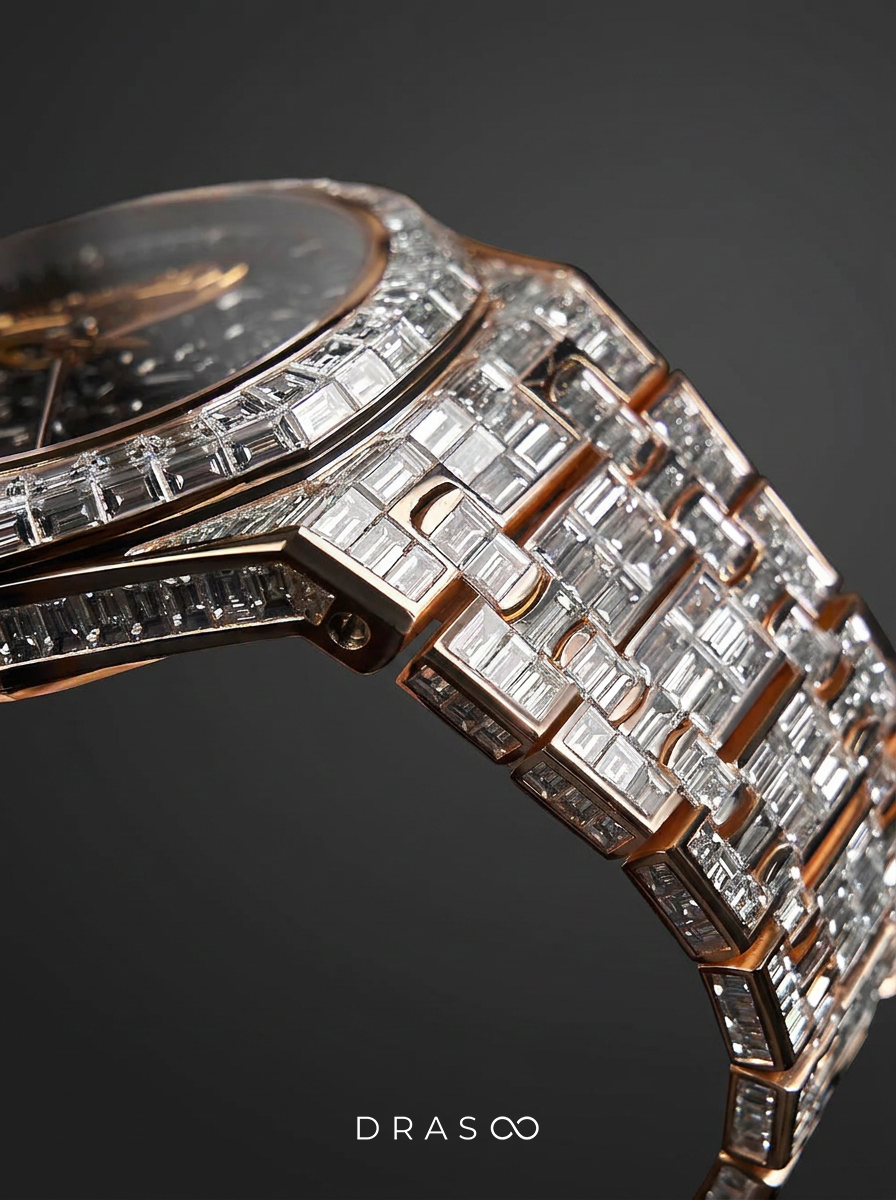 Audemars Piguet – Royal Oak Skeleton 41mm – Full Custom 18k Rose Gold set with VVS/VS Baguette Diamonds