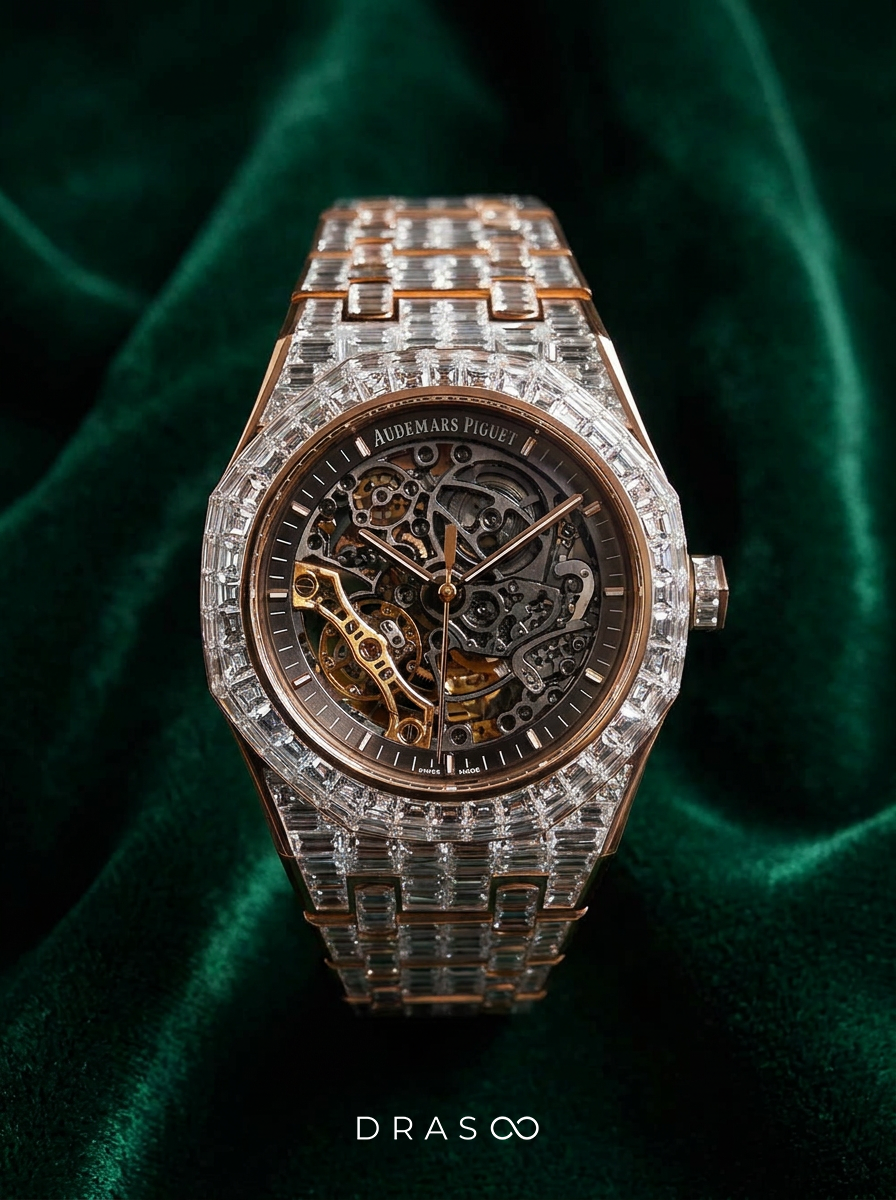 Audemars Piguet – Royal Oak Skeleton 41mm – Full Custom 18k Rose Gold set with VVS/VS Baguette Diamonds