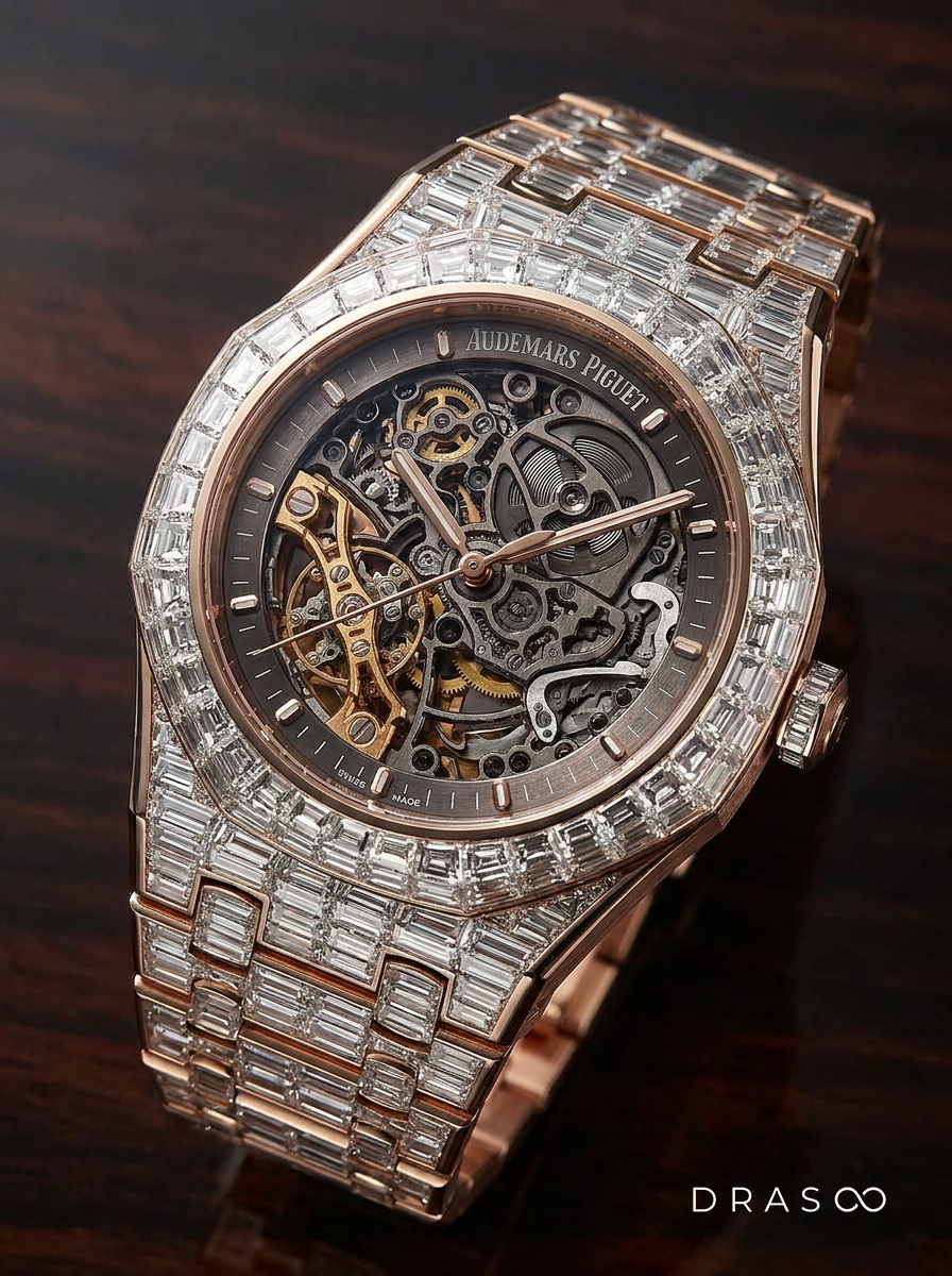 Audemars Piguet – Royal Oak Skeleton 41mm – Full Custom 18k Rose Gold set with VVS/VS Baguette Diamonds