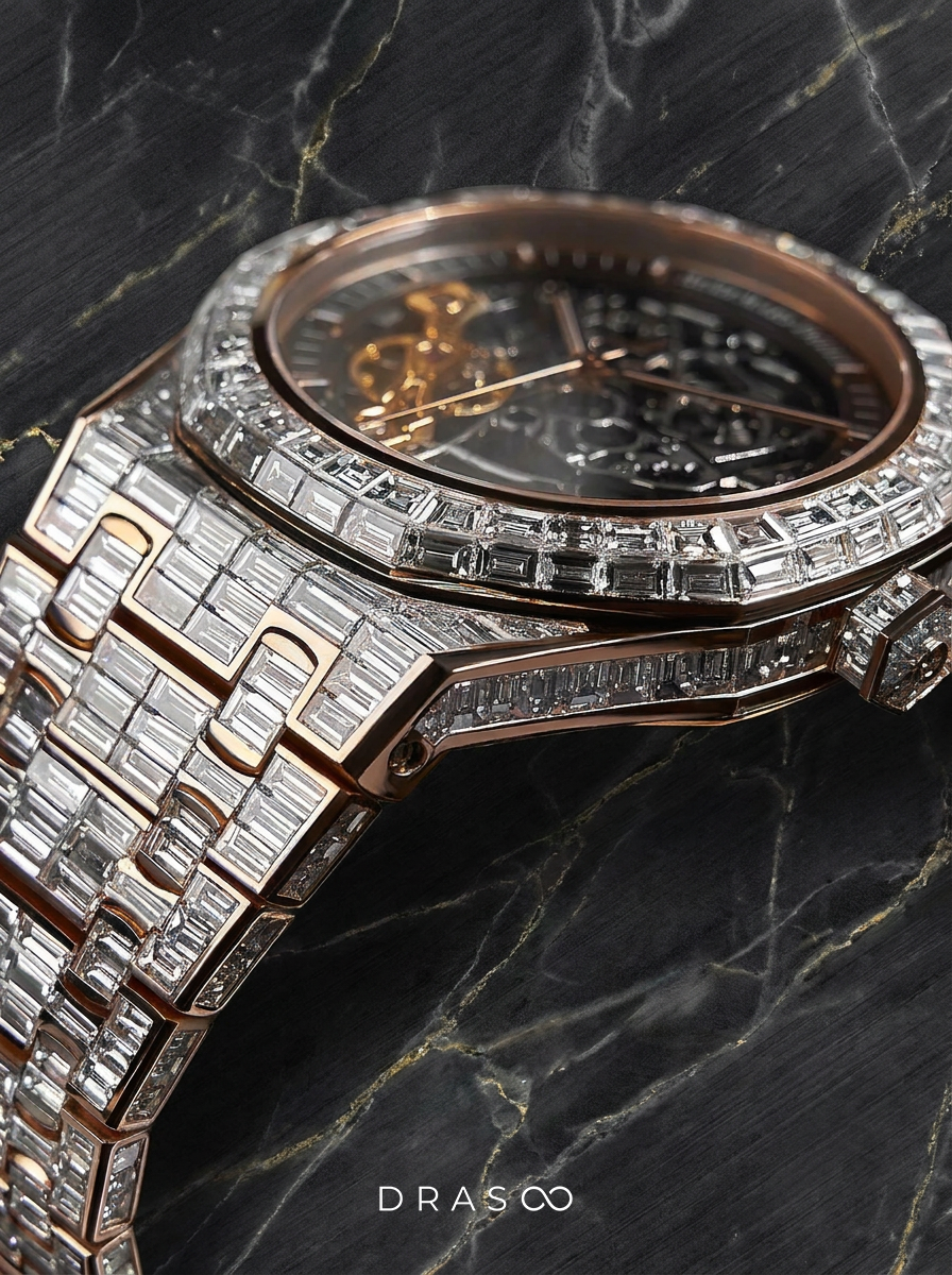 Audemars Piguet – Royal Oak Skeleton 41mm – Full Custom 18k Rose Gold set with VVS/VS Baguette Diamonds