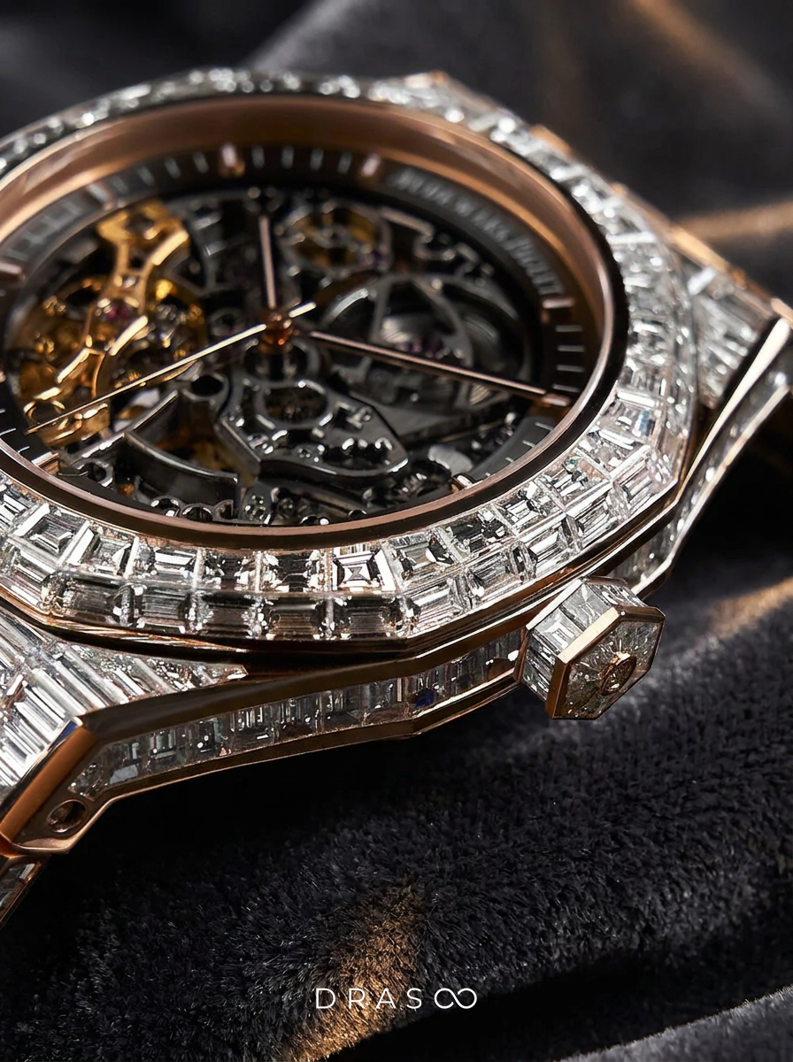 Audemars Piguet – Royal Oak Skeleton 41mm – Full Custom 18k Rose Gold set with VVS/VS Baguette Diamonds