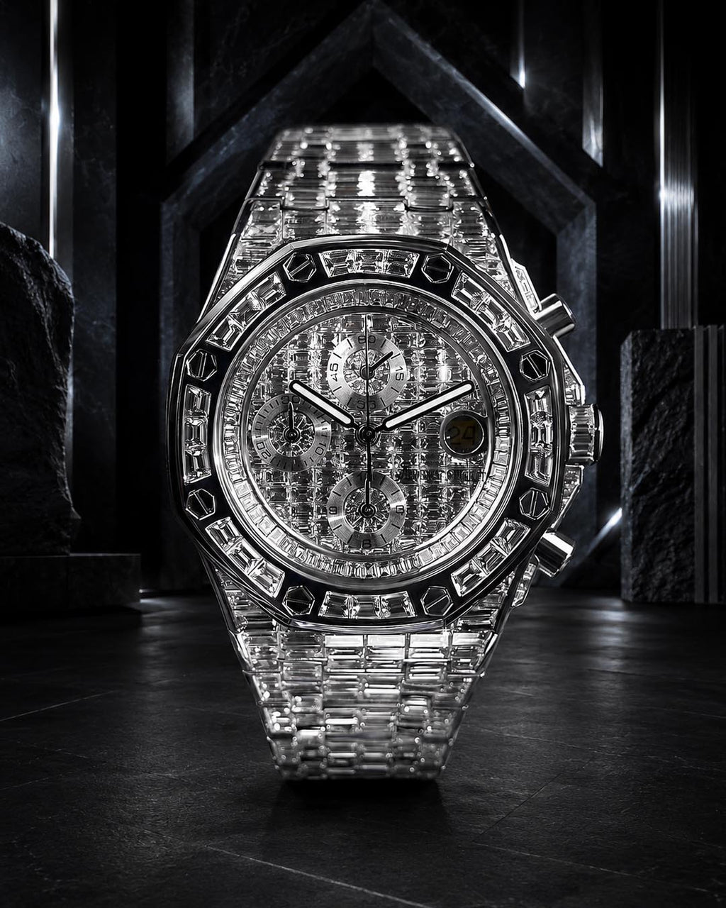 Audemars Piguet – Royal Oak Offshore 42 mm – Full Custom 18k White Gold set with VVS/VS Baguette Diamonds