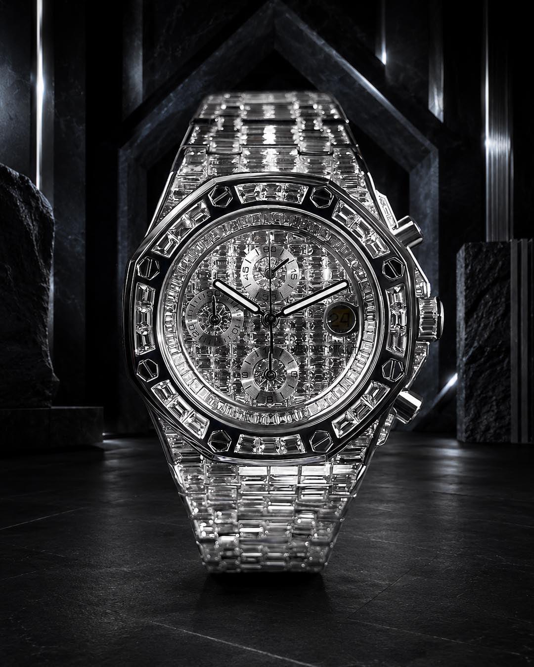 Audemars Piguet – Royal Oak Offshore 42 mm – Full Custom 18k White Gold set with VVS/VS Baguette Diamonds
