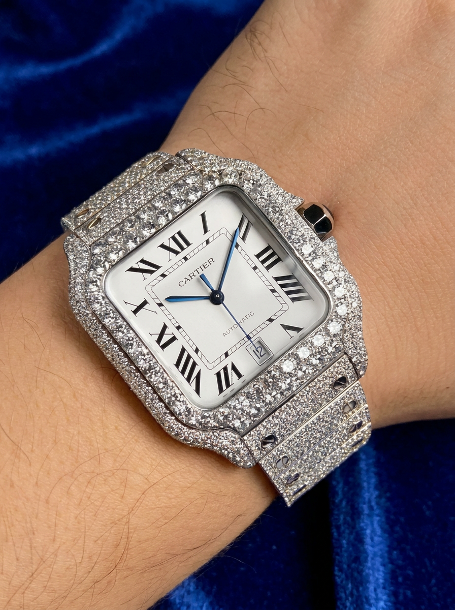 Cartier Santos Large – Steel – Custom Diamond-Set with White Roman Dial – Blue Swords