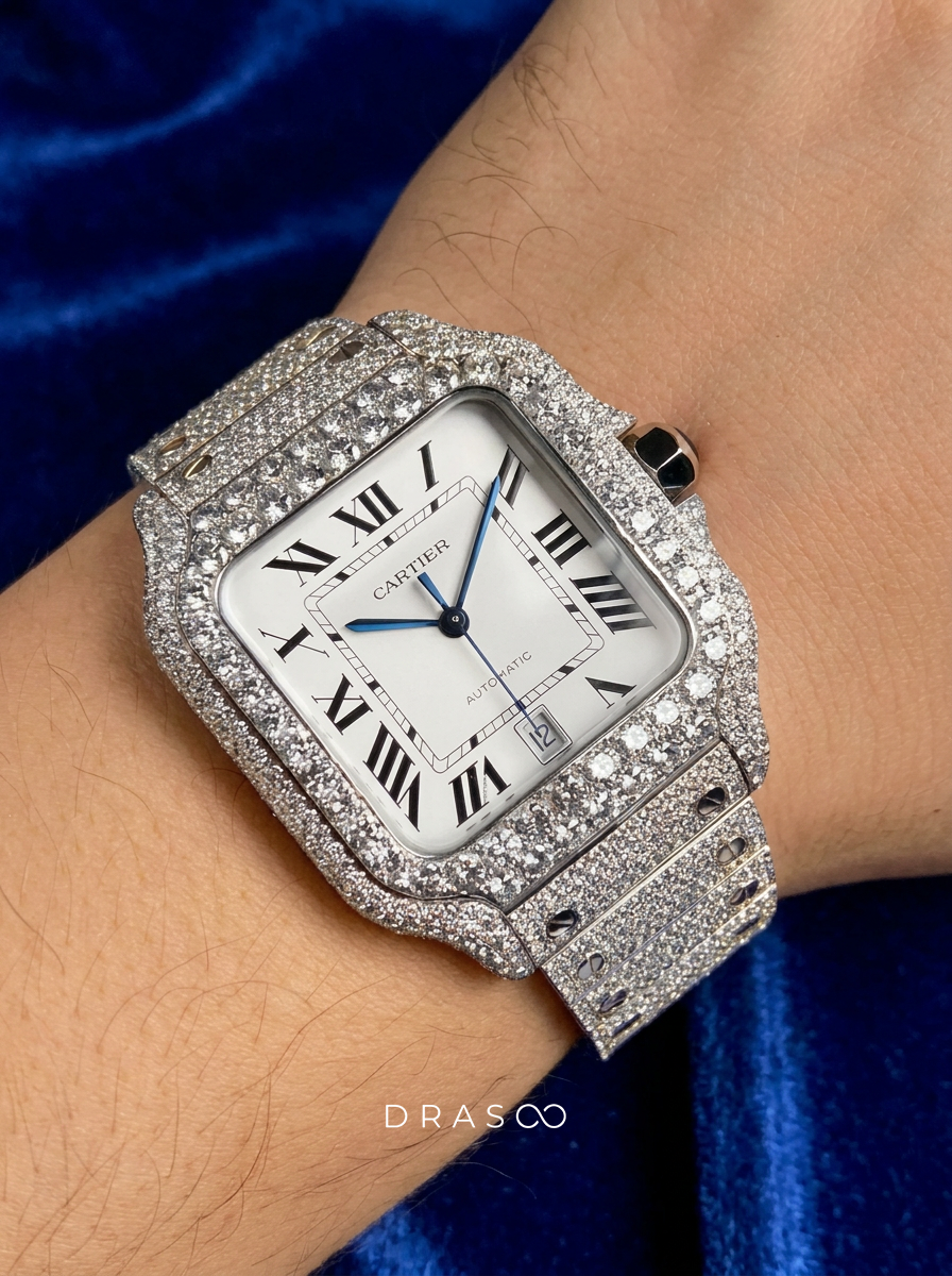 Cartier Santos Large – Steel – Custom Diamond-Set with White Roman Dial – Blue Swords