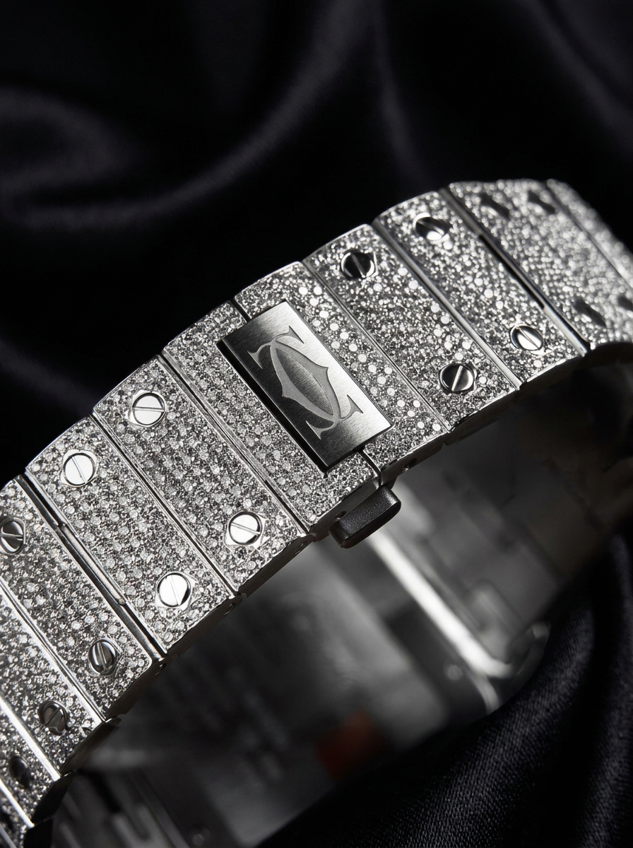 Cartier Santos Large – Steel – Custom Diamond-Set with White Roman Dial – Blue Swords