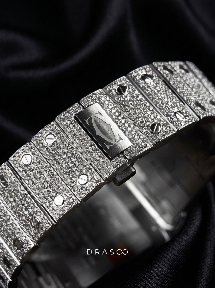 Cartier Santos Large – Steel – Custom Diamond-Set with White Roman Dial – Blue Swords