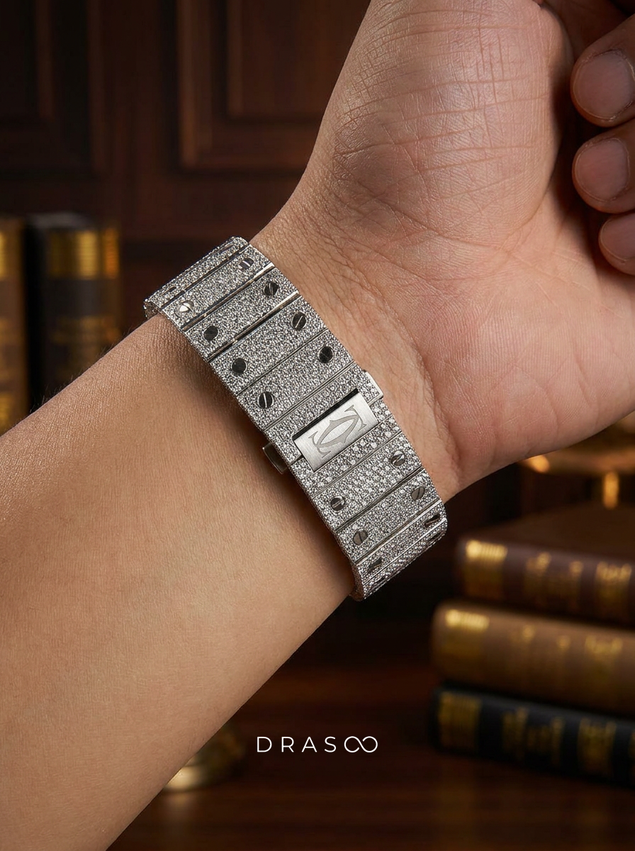 Cartier Santos Large – Steel – Custom Diamond-Set with White Roman Dial – Blue Swords