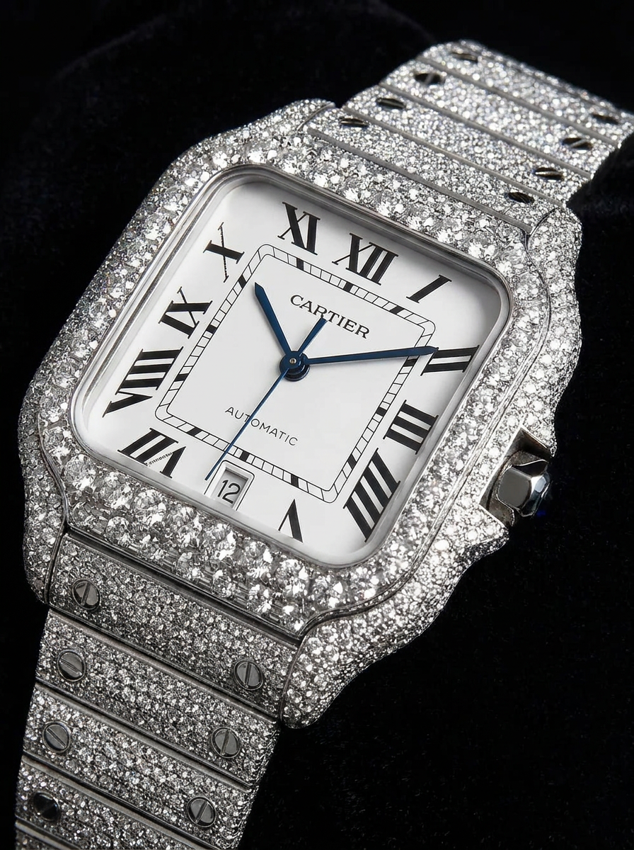 Cartier Santos Large – Steel – Custom Diamond-Set with White Roman Dial – Blue Swords