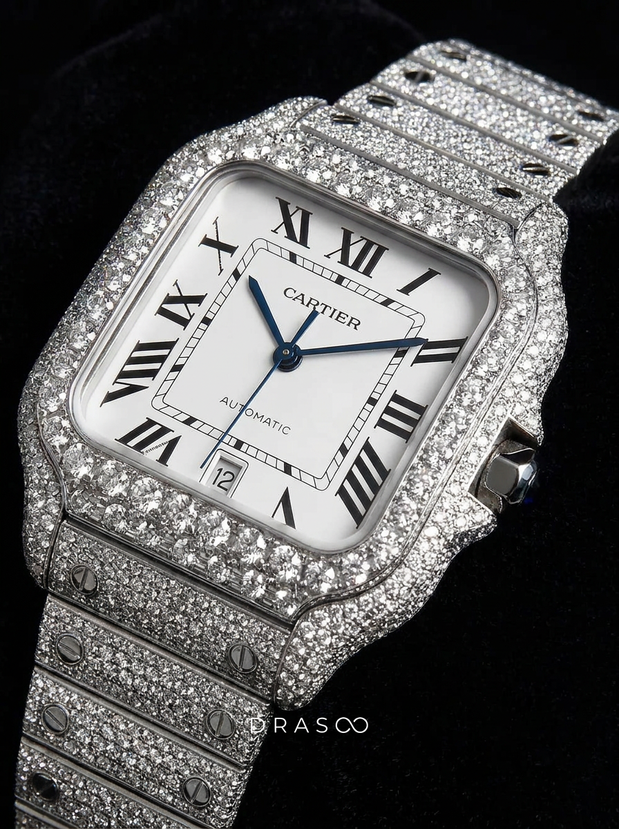 Cartier Santos Large – Steel – Custom Diamond-Set with White Roman Dial – Blue Swords